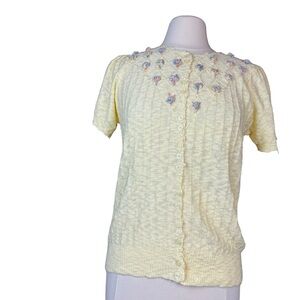 VTG Lilly of California Sweater Floral Embroidered Short Sleeve Granny Sz Small